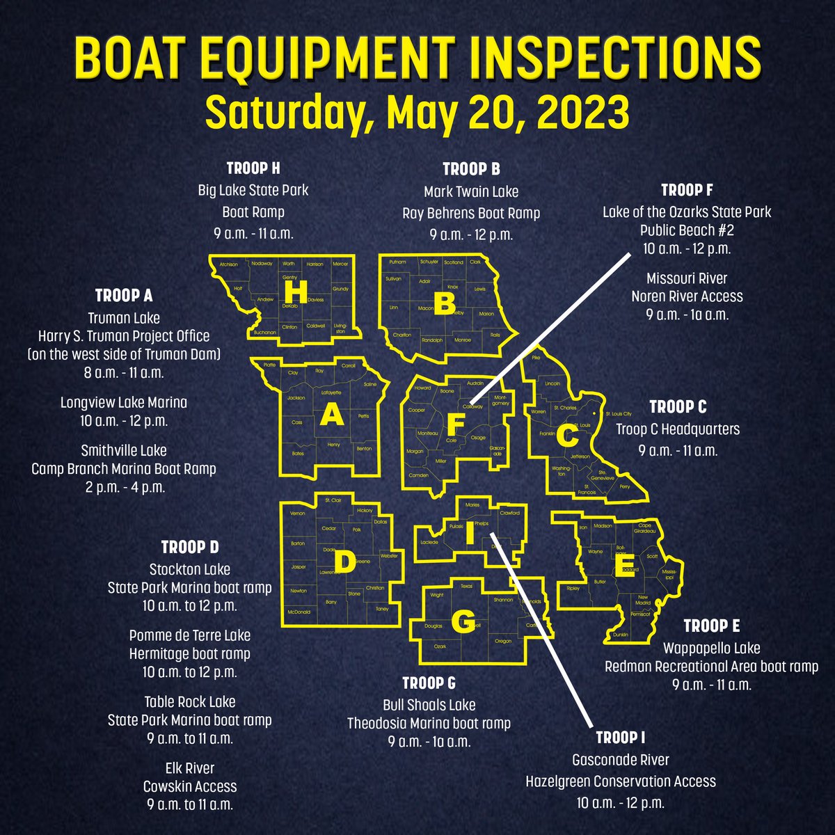 MSHPTrooperGHQ's tweet image. ⚓️ 𝗠𝗮𝘆 𝟮𝟬-𝟮𝟲 𝗶𝘀 𝗡𝗮𝘁𝗶𝗼𝗻𝗮𝗹 𝗦𝗮𝗳𝗲 𝗕𝗼𝗮𝘁𝗶𝗻𝗴 𝗪𝗲𝗲𝗸!⚓️
To kick off #SafeBoatingWeek, Marine Operations Troopers will be at the following locations for boat equipment inspections this Saturday - May 20, 2023. #WaterWednesday 
🔗 bit.ly/SafeBoatingWee…