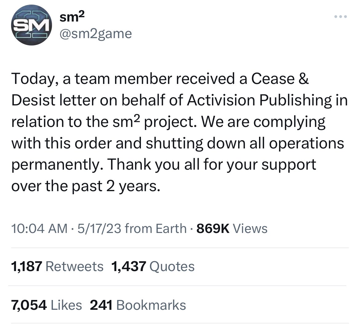 JakeSucky's tweet image. The Call of Duty fan made project SM2 has been shut down after a supposed cease and desist from Activision

The project was aimed to be a blend of all the previous CoD titles, maps and weapons. And free to play