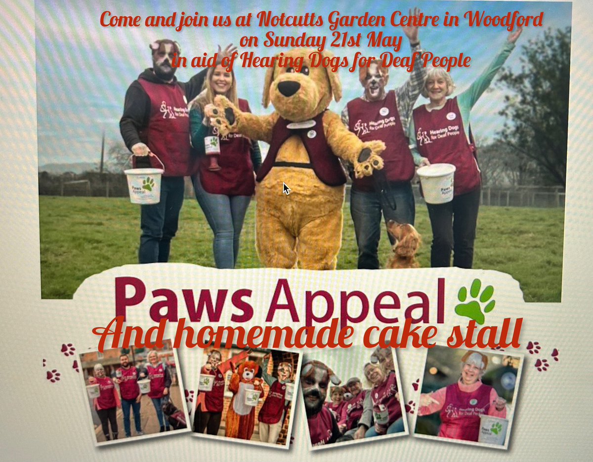 Come and visit our cake stall this Sunday 21st May between 10:30am and 4pm at Notcutts Garden Centre in Woodford SK7 1QS aid of HDfDP. Our star bakers have been busy baking so there’s certain to be something to tempt you and you’ll get to meet some of our clever Hearing Dogs 🐾