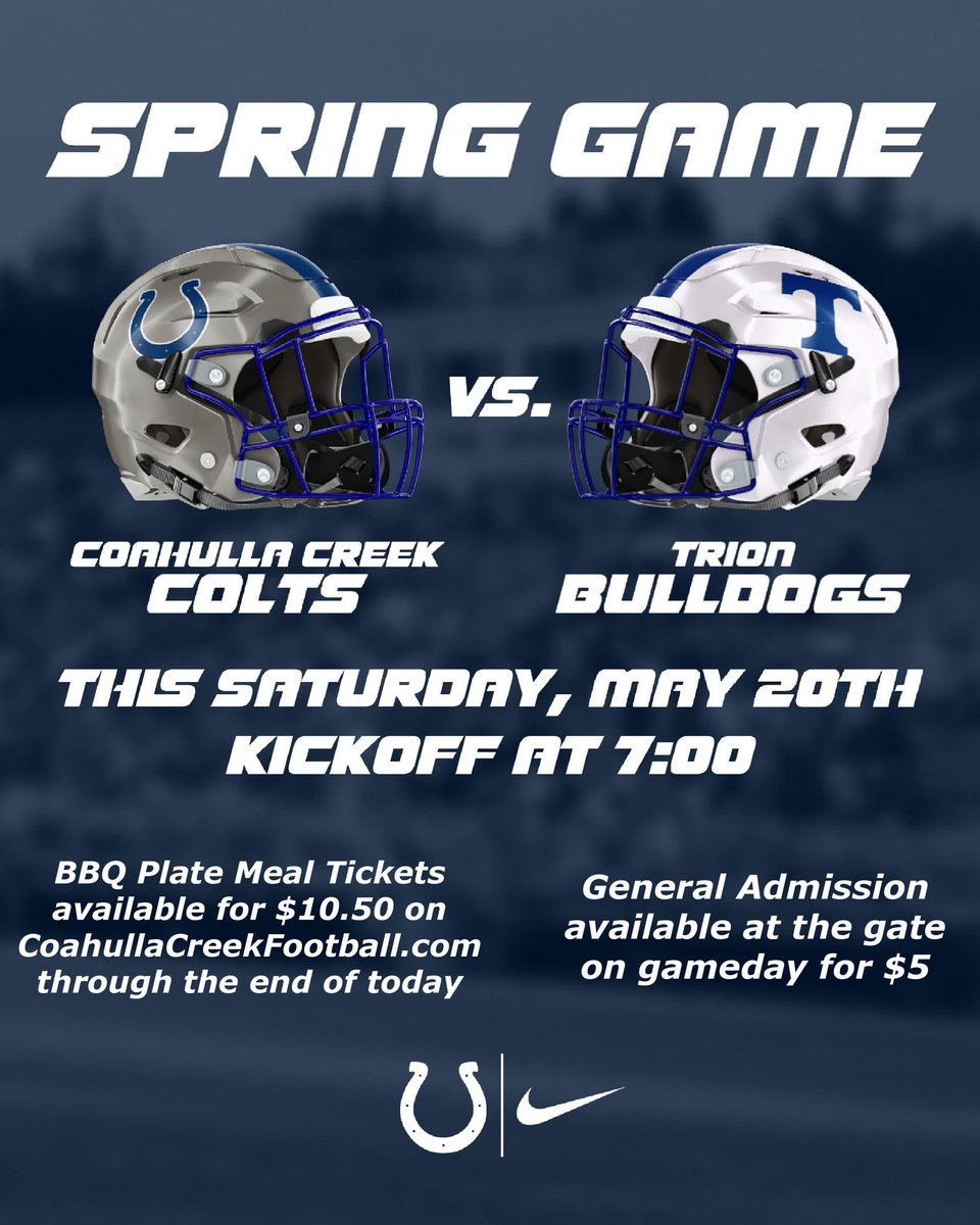 Today is the LAST day to get your BBQ Plates from the Spring Game on Saturday vs. Trion. They are $10.50, and the sale ends at midnight. 

coahullacreekfootball.com/product/spring…