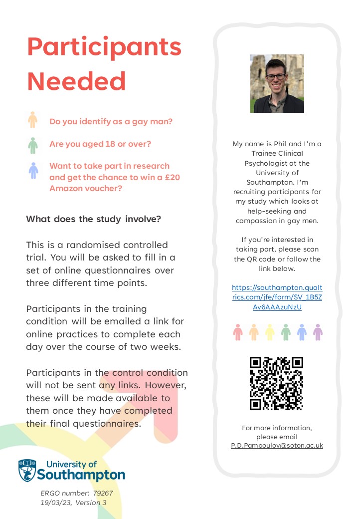 📢I’m recruiting participants for a piece of research looking at the effect of a brief online training on a range of psychological outcomes for adult gay men. If you’re interested in taking part or know someone who is, see the attached poster for details. southampton.qualtrics.com/jfe/form/SV_1B…