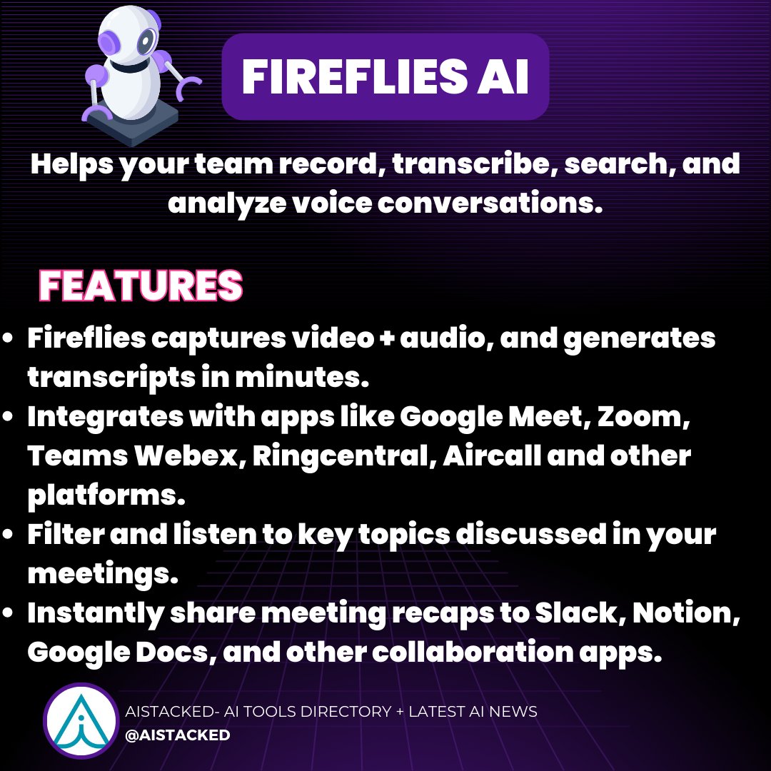 Automate your meeting notes with Fireflies AI
Full Review:aistacked.com/fireflies-ai/
#transcribe #Transcript #GoogleMeet #zoommeeting #RINGCENTRAL #zoommeetings  #GoogleMeeting #recording #analyze #zoomclasses #GoogleDocs #slack #notionapp #cloud #artificialintelligence #AI #AINews