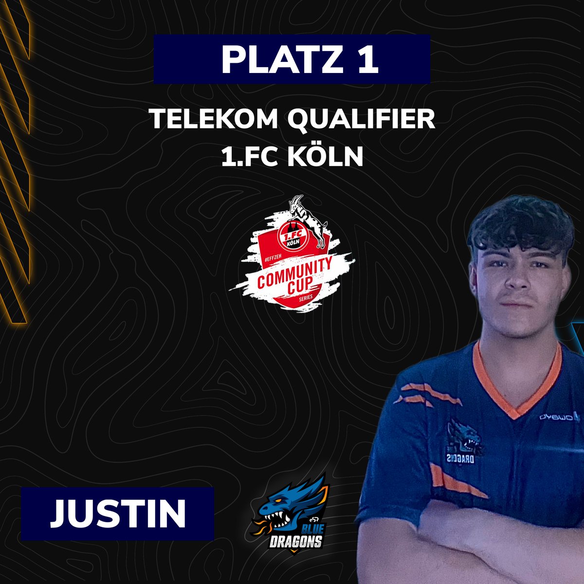 Justin wins the "Telekom Qualifier" Cup from <a href="/fckoeln_esports/">1. FC Köln eSports</a>.

Justin will take part in the offline Grand Final this Sunday at the Rhein-Energie Stadium with FC Köln.

Good job, <a href="/JstinFIFA/">B04_Jstin</a>! We can't wait to hear about your result in the Grand Final!