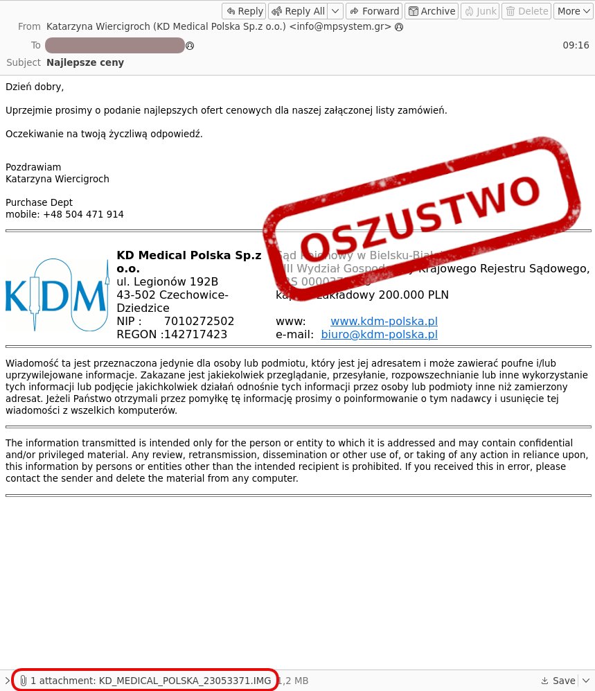 CERT_Polska's tweet image. ‼️Uwaga, obserwujemy kolejną niebezpieczną kampanię e-mailową. Otwarcie załączonej do wiadomości rzekomej &quot;listy zamówień&quot; powoduje zainfekowanie urządzenia złośliwym oprogramowanie typu #guloader. Takie maile i inne podejrzane zjawiska w sieci zgłaszajcie do nas. Podajcie dalej!