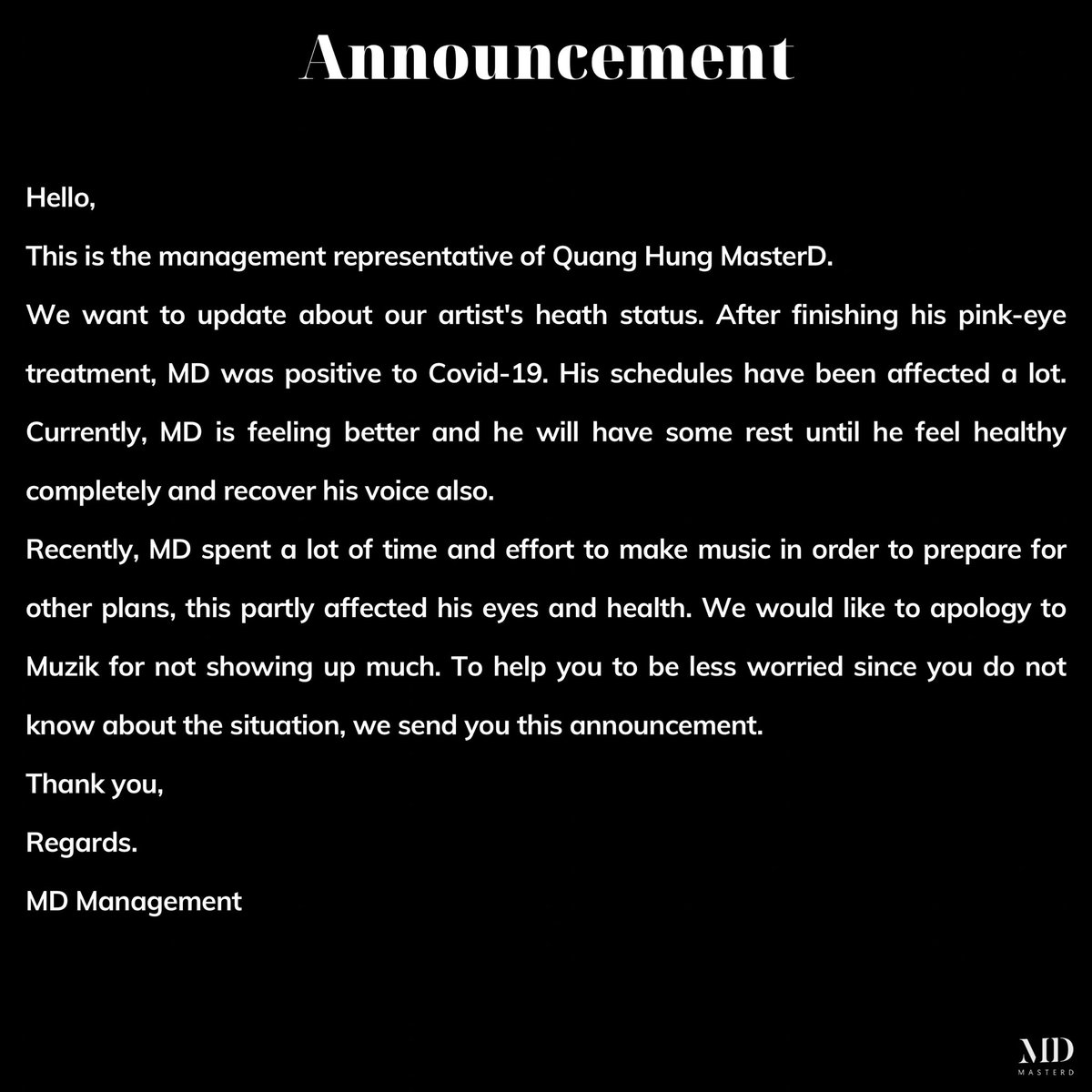 Fansupport_MD's tweet photo. <Message from MD Management>
17.05.2023 📢
#FST_MD #QuangHungMasterD #Muzik https://t.co/CT3aXvEr0h