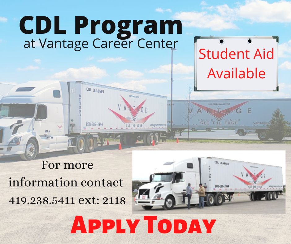 vccstudents's tweet photo. Vantage CDL program is currently enrolling! This is a chance for anyone interested in earning their Class A CDL to begin the training program this summer. Call 419-238-5411 option 2. https://t.co/LNaXlfHABr