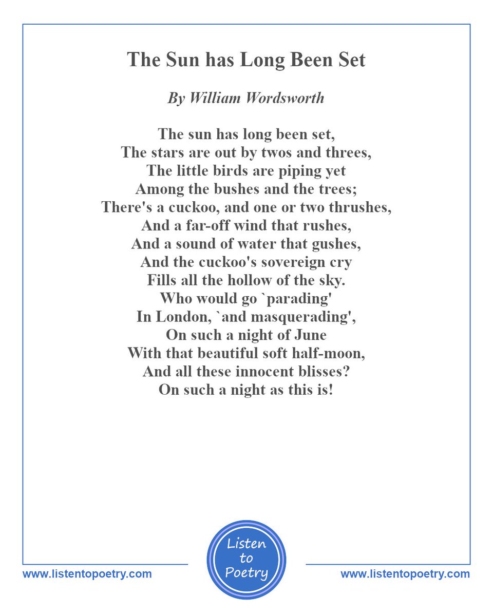 ListentoPoetry's tweet photo. Listen to #TheSunHasLongBeenSet by #WilliamWordsworth, #RomanticPoet on #ListentoPoetry. 
https://t.co/Vre53jQm8F 
#Poetry #PoetryCommunity #WordsworthTrust @Wordsworthgras #RomanticMovement https://t.co/peivrpXdoF