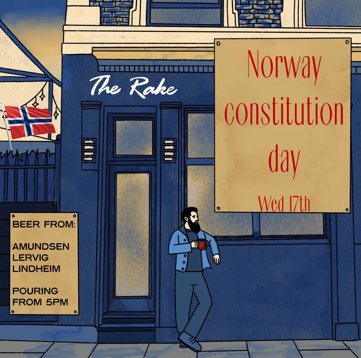 Rakebar's tweet image. Tonight! Come celebrate Norway Constitution Day with beers from Amundsen, Lervig and Lindheim. From 5pm.