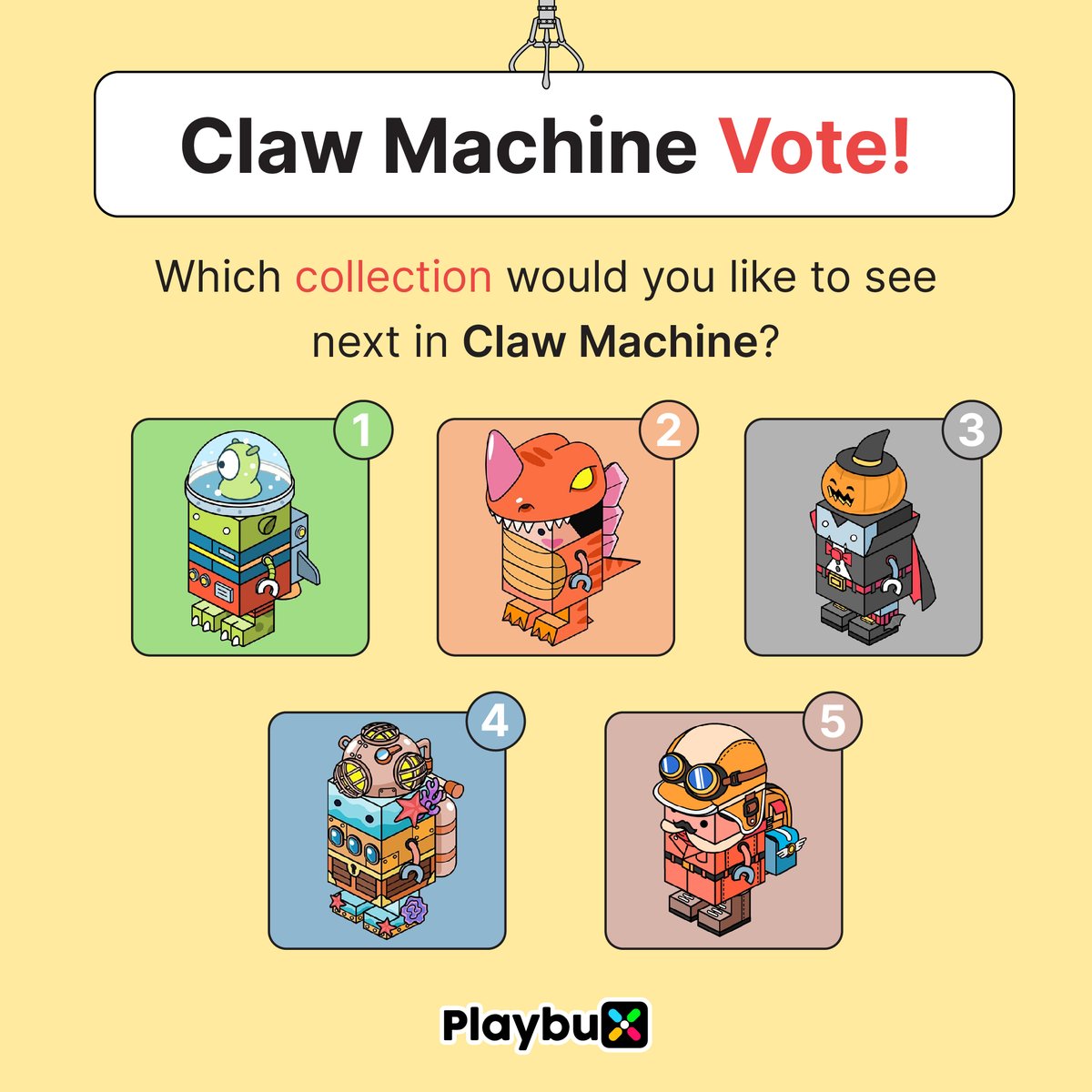 playbuxco's tweet photo. Claw Machine Vote Event!

You need to put a Vote 2 Claw machine 
in the Playbux game center.

Lucky draw: 

🪧Prize: $150 for each of the three winners  

1.Retweet and tag 3 friends. 
2.Comment on this tweet with the answer. 
3. Wait until May 22 to find out who won. https://t.co/bZLSloly5v
