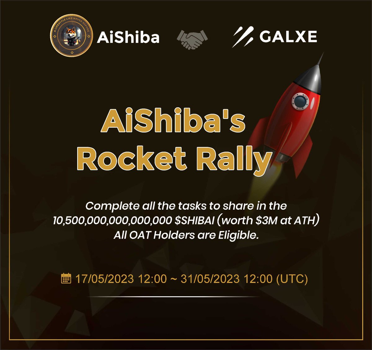 AiShiba's Rocket Rally is blasting off! 🚀

Participate for a chance to share 10.5 QUADRILLION $SHIBAI tokens (worth $3M at ATH)!

🎟️ All OAT Holders are eligible.

Claim OAT here: galxe.com/AiShiba/campai…

Join the Rally, shape the future of $SHICOD and $SHIBAI!