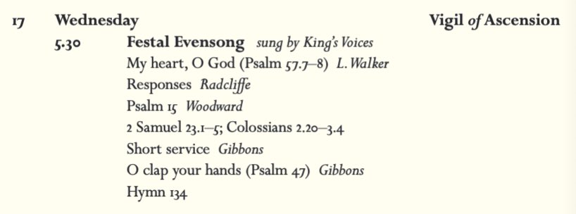 Join us for Evensong today at 17:30 @Kings_College, featuring music from @lucywalkermusic, Philip Radcliffe, Orlando Gibbons, and our very own @RalphWoodward2. Members of the University and all members of the public are warmly invited to attend!