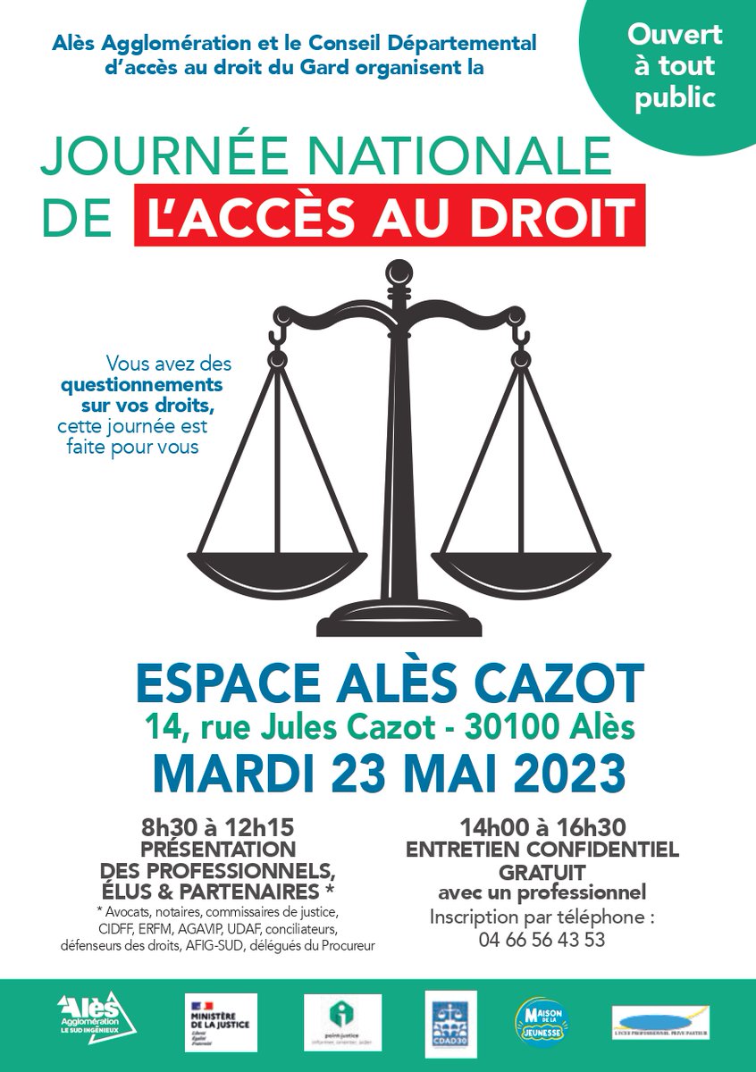 Ce 23/05/23, sous le parrainage du TJ #Alès, @AlesAgglo et #CDAD du #Gard organisent la journée nationale de l'accès au droit (#JNAD). 
@Barreau_Ales, #notaires, #commissairesdejustice, @association_30, @Agavip30, #CIDFF, #ERFM, @UdafDuGard,  #AFIG sont partenaires.