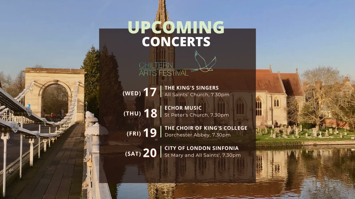 Chiltern Arts Festival (@chilternarts) on Twitter photo Here’s what’s in store for you in the second half of the <a href="/chilternarts/">Chiltern Arts Festival</a> Festival. We hope to see you there!
<a href="/kingssingers/">The King's Singers</a> <a href="/echor_music/">Echor Music</a> <a href="/CityLdnSinfonia/">City of London Sinfonia (CLS)</a> <a href="/ChoirKCL/">The Choir of King's College London</a> <a href="/4U_Churches/">4U Churches</a> <a href="/stpeterberko/">St Peter's Berkhamsted</a> <a href="/DorchesterAbbey/">Dorchester Abbey</a> <a href="/StMarysBeaconsf/">St Mary & All Saints Church, Beaconsfield</a>
#artsandentertainment #musicfestival #classicalmusic Here’s what’s in store for you in the second half of the <a href="/chilternarts/">Chiltern Arts Festival</a> Festival. We hope to see you there!
<a href="/kingssingers/">The King's Singers</a> <a href="/echor_music/">Echor Music</a> <a href="/CityLdnSinfonia/">City of London Sinfonia (CLS)</a> <a href="/ChoirKCL/">The Choir of King's College London</a> <a href="/4U_Churches/">4U Churches</a> <a href="/stpeterberko/">St Peter's Berkhamsted</a> <a href="/DorchesterAbbey/">Dorchester Abbey</a> <a href="/StMarysBeaconsf/">St Mary & All Saints Church, Beaconsfield</a>
#artsandentertainment #musicfestival #classicalmusic