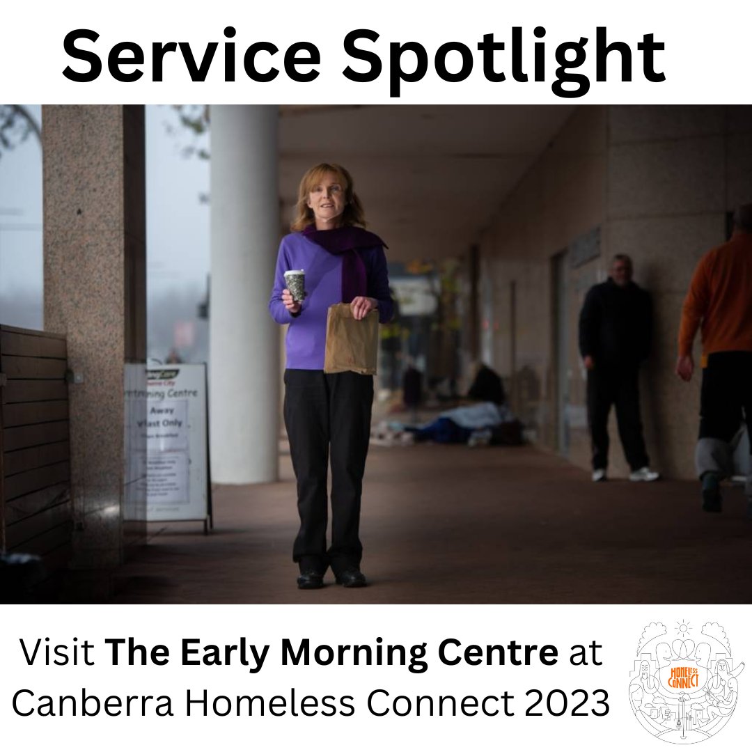 CBRHomelessCnct's tweet photo. Service spotlight:
The Early Morning Centre (EMC) is a community hub supporting Canberra people who are experiencing, or at risk of experiencing homelessness, and those experiencing social isolation.
#homelessconnect2023
#homelessconnect
#cbrhomelessconnect https://t.co/vaRwg7tM57
