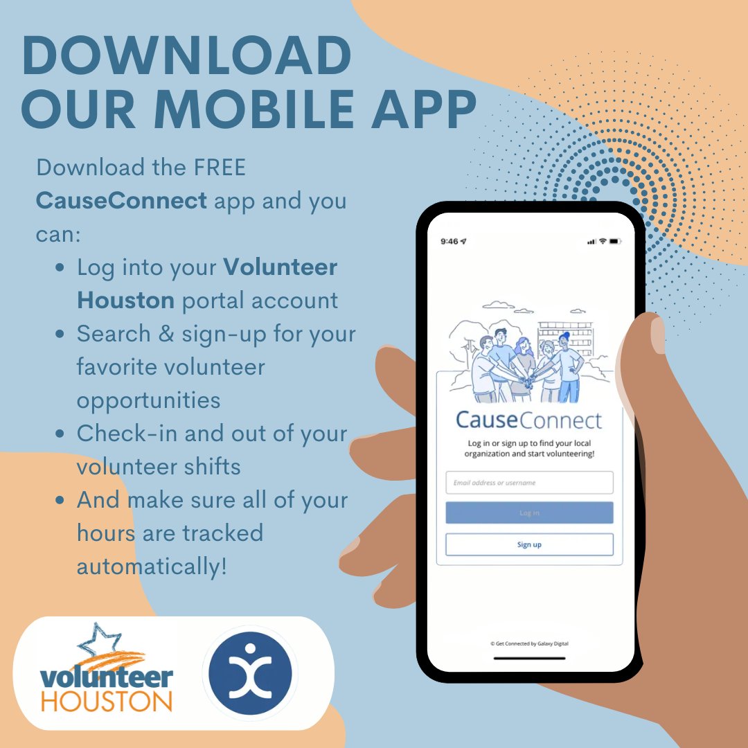VolunteerHou's tweet photo. Download our mobile app! The free #CauseConnect #mobileapp is available for iOS & Android.
Use the app to log into your #VolunteerHouston portal account, search & sign up for volunteer needs, check in & out of volunteer shifts, & track your hours automatically!
@InterfaithMin https://t.co/BBUQHqTceh