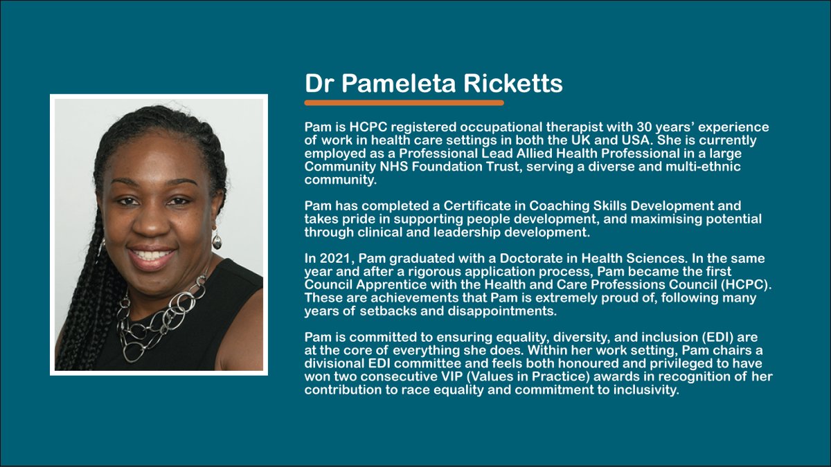 At our #myhcpcstandards webinar next week, we’re joined by <a href="/PameletaR/">Pameleta Ricketts</a>, an occupational therapist with numerous equality, diversity and inclusion achievements and 30 years' experience in healthcare, to discuss EDI in our updated standards of proficiency. 

hcpc-uk.org/news-and-event…