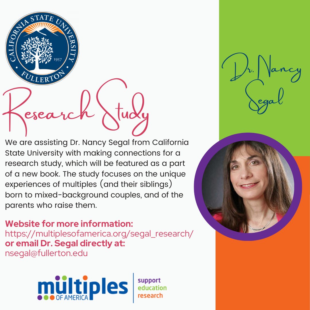 MultiplesUSA's tweet photo. We are assisting Dr. Nancy Segal from California State University with making connections for a research study. Please find out more about Dr. Segal’s project and how to connect with her on our website: https://t.co/rHYsTWB9yB, or email Dr. Segal directly at: nsegal@fullerton.edu https://t.co/LeoMhhHCEX