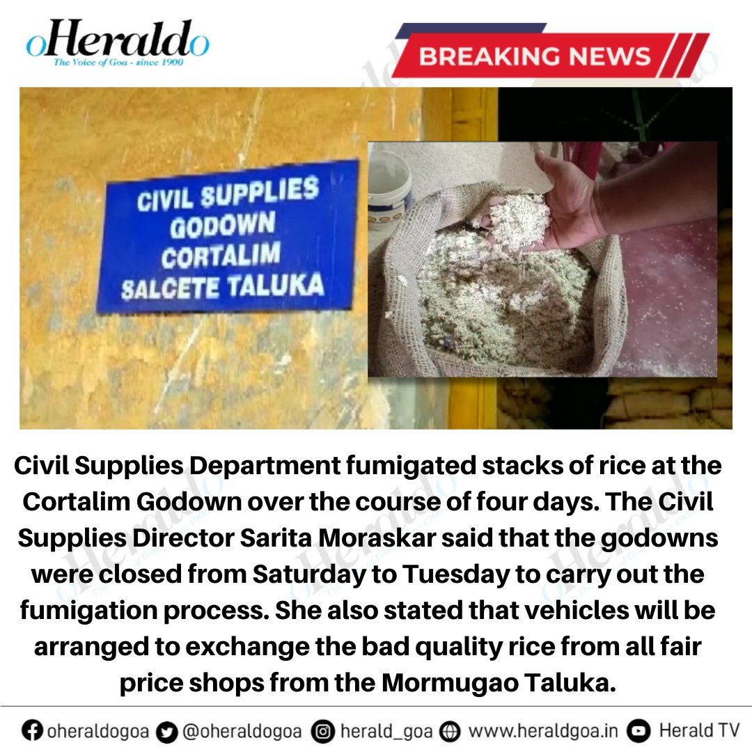 oheraldogoa's tweet photo. Civil Supplies Dept #fumigated stacks of #rice at the #Cortalim #Godown over the course of 4 days. The #CivilSupplies Director stated that vehicles will be arranged to exchange the bad quality #rice from all #FairPrice shops from the #Mormugao Taluka.

#Goa #BreakingNews https://t.co/b7gqUXFO2U