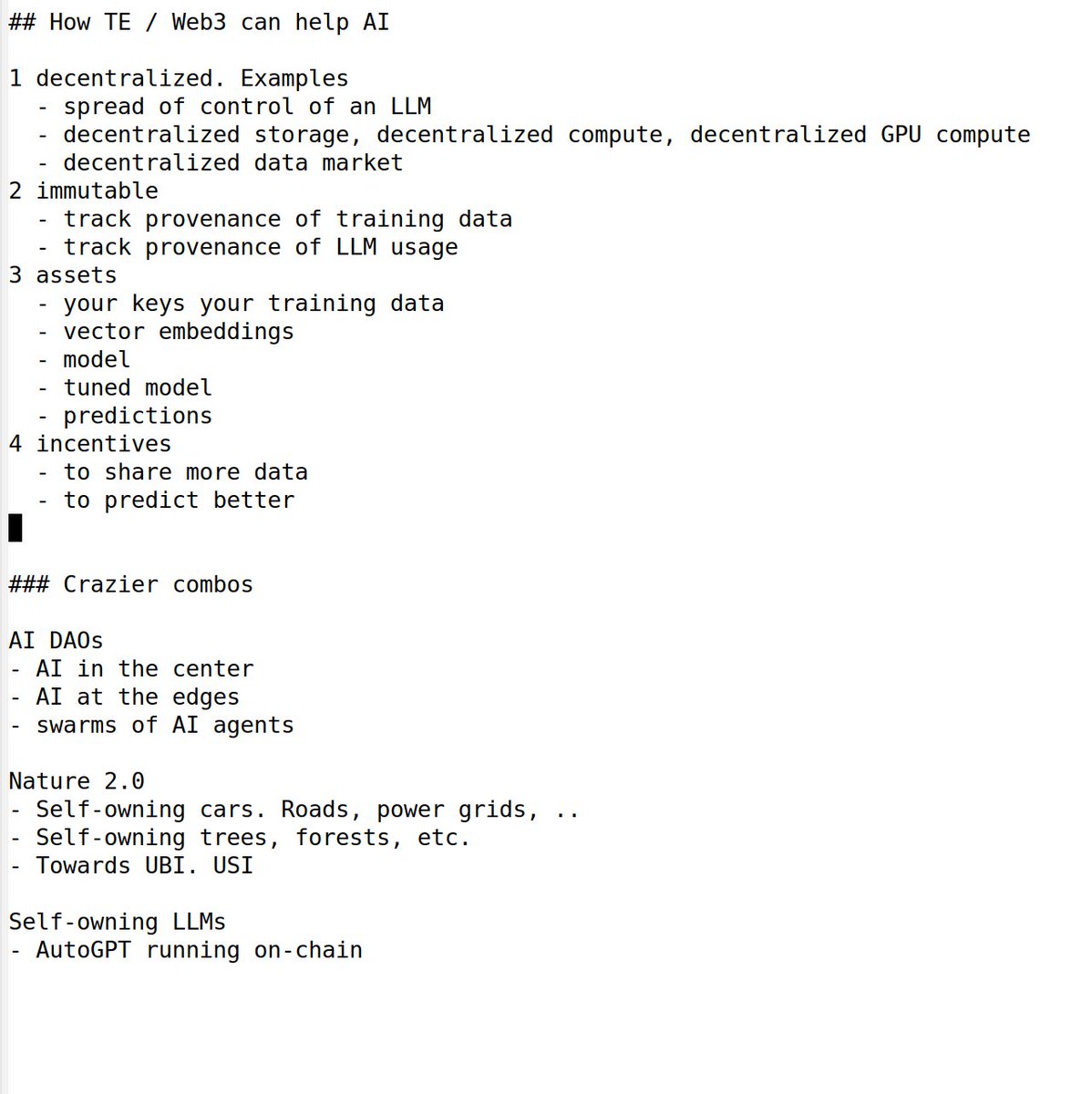 "Overview" notes on this Twitter space
1. How AI can help Token Engineering / Web3
2. How TE / Web3 can help AI
3. Crazier combos, eg AI DAOs

Examples:
- AI-powered verification of smart contracts
- track provenance of training data for AI
- self-owning LLMs