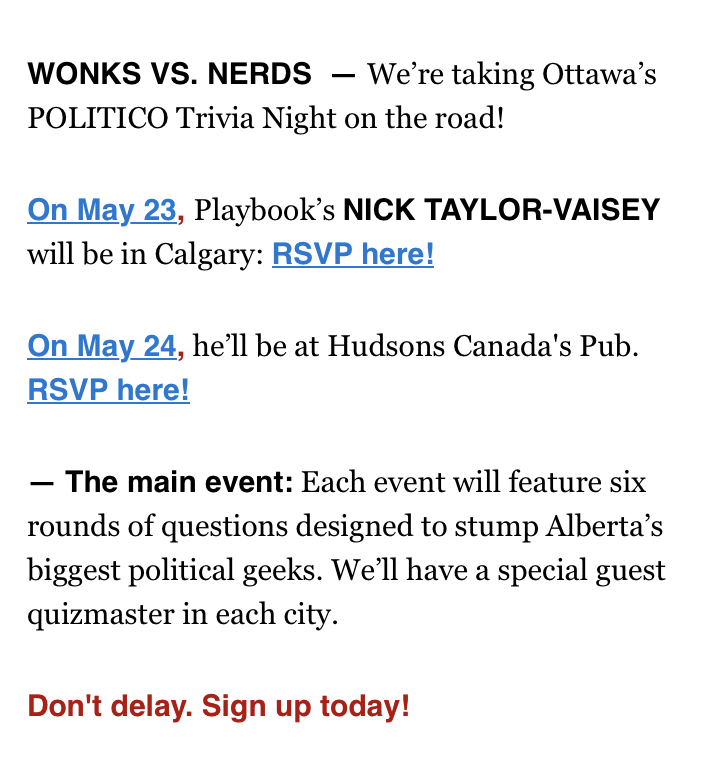 💡Think you know politics inside out? @TaylorVaisey is heading to Alberta to host POLITICO’s Playbook Trivia. 🏆 Join us: Calgary: May 23 — shorturl.at/duCFR Edmonton: May 24 — shorturl.at/dlwHX #ABpoli #cdnpoli