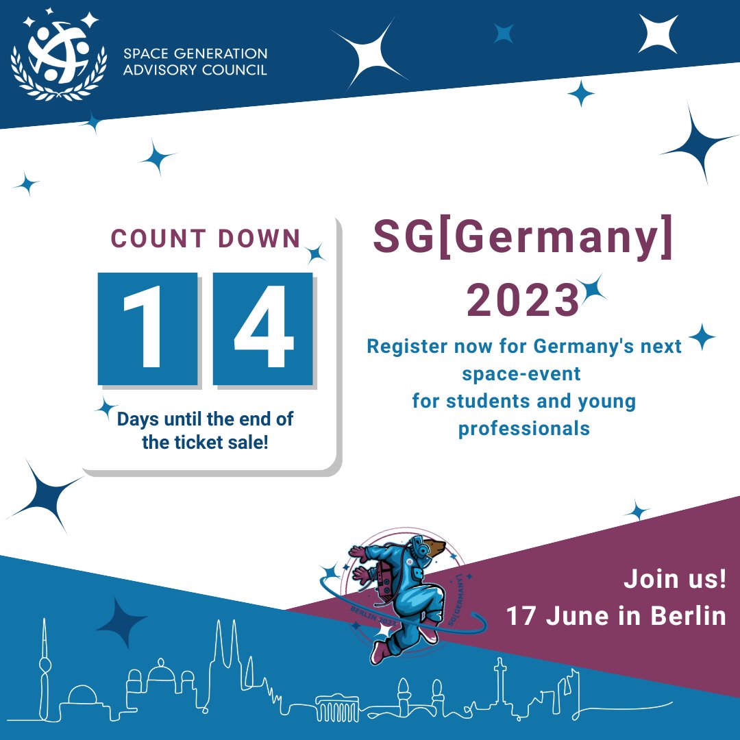 SGAC's tweet photo. 📢 Registration for SG[Germany] 2023 closes in just 2 weeks! Join us for an unforgettable experience and network with peers and industry experts from across Europe. 

Register now! 🚀🪐
https://t.co/o5F5KsK1Fx

#SGGermany2023 #SGGermany #SpaceMadeinGermany https://t.co/1ohI0g6VjL