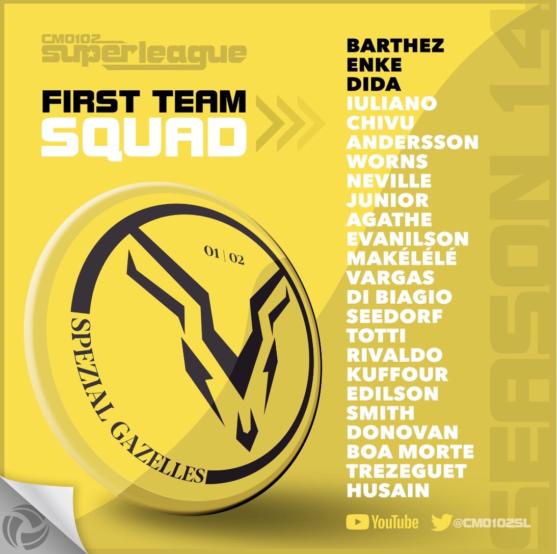 Your Gazelles Squad for season 14 of the <a href="/cm0102SL/">CM0102 Super League</a> 

A big thank you to the amazing <a href="/NorthernBurnFC/">Northern Burn 🔥</a> for the quality art work yet again.