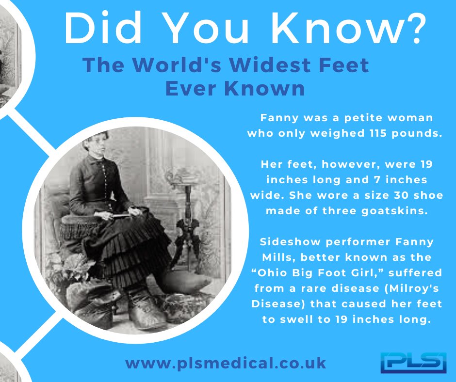 Fanny Mills' feet were 19' long & 7' wide. She wore a size 30 shoe made of three goatskins. 

We stock a range of styles that go up to a UK 13 with some styles available up to a 14. 
pls-shop.co.uk

#DidYouKnow #FunFacts #FunFootFacts #TreatYourFeet #MakeYourFeetHappyToo