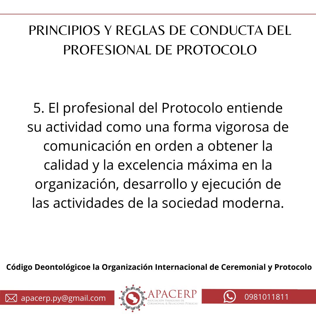 apacerppy's tweet photo. 👉 Creemos que es fundamental que todo profesional del área acceda a ésta información que fue aprobada por la Asamblea General celebrada en Zaragoza el día 26 de noviembre de 2006
🙌 Compartimos el Código Deontológico de la Organización Internacional de Protocolo
#apacerp https://t.co/P26BInm5K8