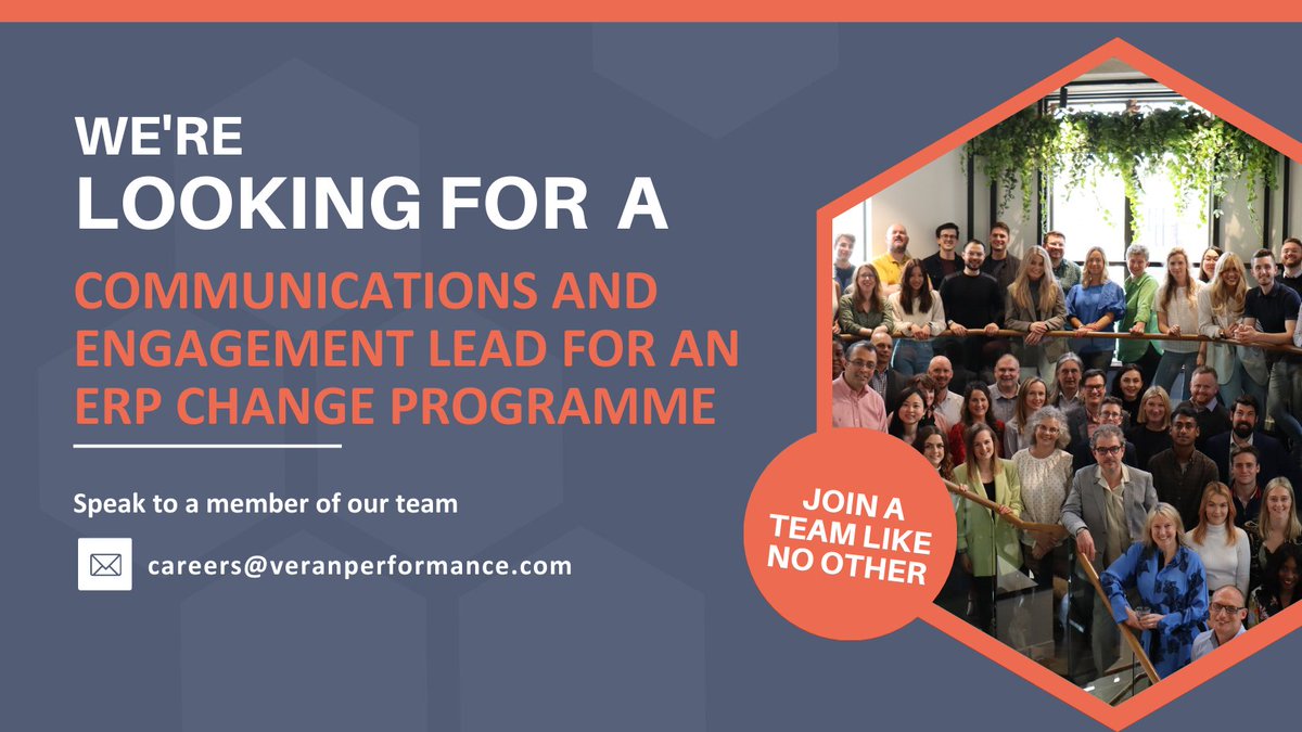 We're looking for a Communications and Engagement Lead for an ERP Change Programme.

You'll need to have experience with HR or Finance Technology / Transformation / Consultancy and love meeting new people and building your network.

veranperformance.hire.trakstar.com/jobs/fk0xi19/