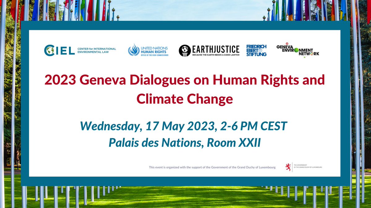 ciel_tweets's tweet photo. JUST STARTED: 2023 #GenevaDialogues on #HumanRights &amp; #ClimateChange convening at Palais des Nations 🇺🇳🇨🇭.

The dialogues will address existing gaps &amp; potential next steps on 5 themes:
✨#LossAndDamage;
✨Just transition;
✨#FossilFuels;
✨Civic space;
✨False climate solutions. https://t.co/RXrPJD378i