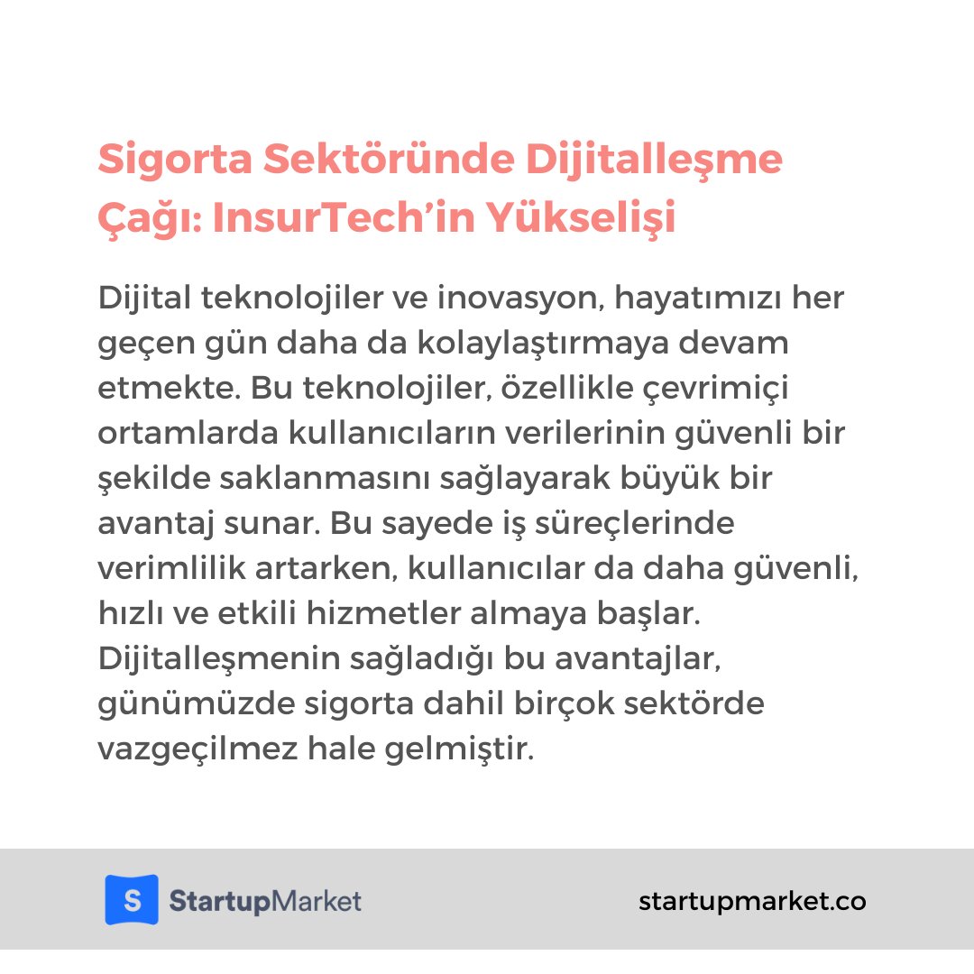StartupMarketSM's tweet photo. Sigorta Sektöründe Dijitalleşme Çağı: InsurTech’in Yükselişi
Blog yazımızın devamına erişmek istersen: https://t.co/jlNVrwowqT
#startupmarket #startupblog https://t.co/nzI6skPPzA