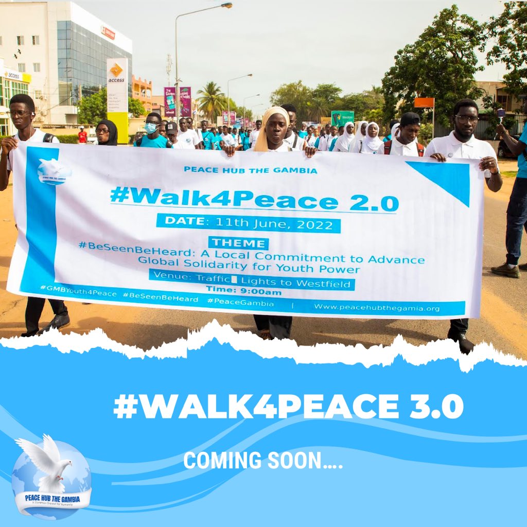 🚨 #Walk4Peace is back again!

Our annual event which brings together youth and others from all works of life to showcase solidarity for compassion, more secure, inclusive and peaceful society for all is here again.

More details 🔜 !

#BeSeenBeHeard | #PeaceHubGMB