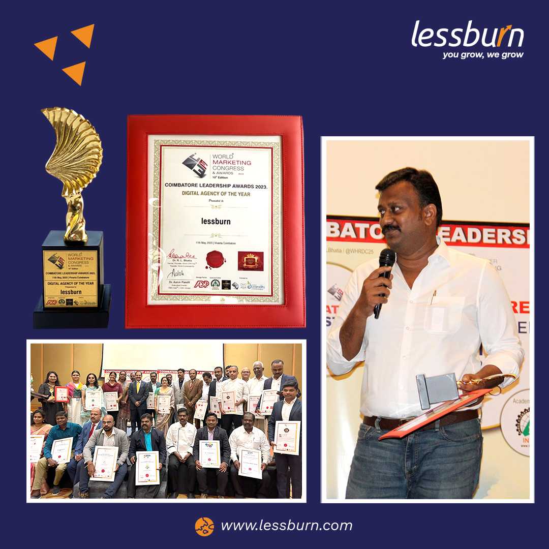 lessburn's tweet photo. We are honored to announce that #lessburn has been awarded the Coimbatore Leadership AWARDS 2023 presented by the #WorldMarketingCongress & Awards -10th Edition, recognizing our agency as "Digital Agency of the Year". An amazing occasion to be recognized yet again this year! https://t.co/cZEWOP9w4l
