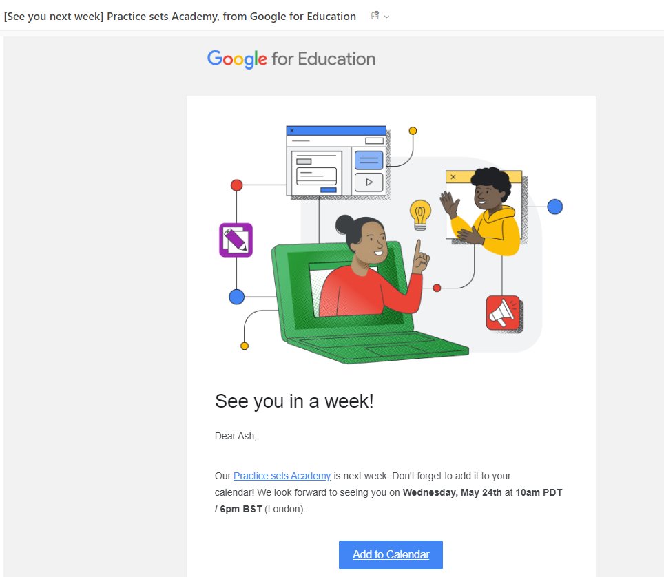 Looking forward to the @GoogleWorkspace @GoogleForEdu #PracticeSets Academy session next week, ready to share with all of the schools we support!
@PEL_ICT #Google #EdTech #Education #EdTechTools #EdTechChat