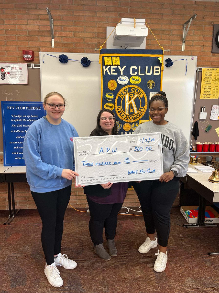 WASDSchools's tweet photo. GIVING BACK: Yesterday our @WAHSwasd Key Club made a donation to the @ARWchurch for their support. From left is Key Club President Charley Greevy, Melanie Shutt from ARW, and former Key Club President Shamarya Robinson. https://t.co/WbFlMqDRDm