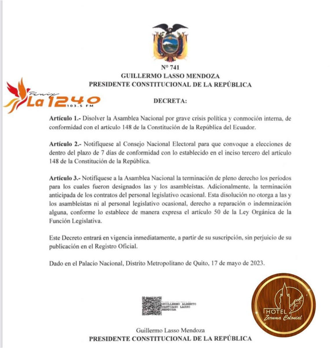 #Urgente /// #Ecuador ///

¡ Confirmado !.. Decreto de muerte cruzada fue firmado !

En siete días el CNE deberá econvocar a elecciones presidenciales y legislativas, y en 90 días deberán realizarse dichas elecciones !