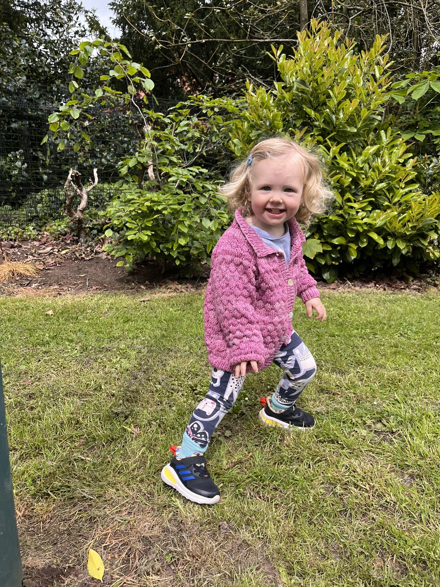 Modelling her cardigan knitted by grandma <a href="/francesbell/">Frances Bell @francesbell@mastodon.social</a>