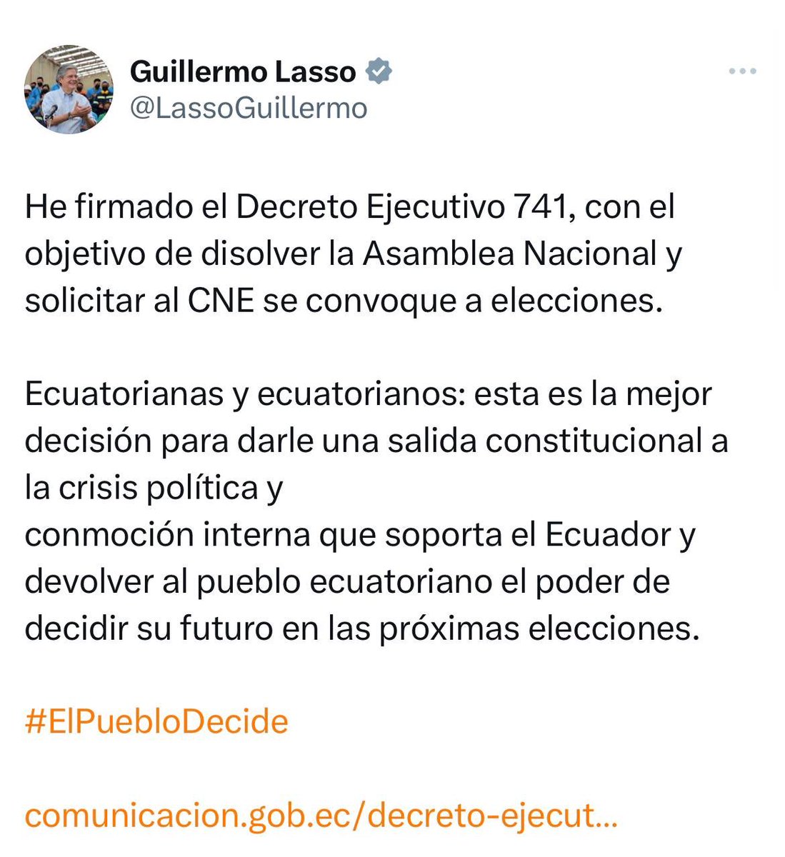 Lo que Lasso hace es ilegal. Obviamente no hay ninguna «conmoción interna». Tan solo no pudo comprar suficientes asambleístas para salvarse.
En todo caso, es la GRAN oportunidad para librarnos de Lasso, de su Gobierno y de sus asambleístas de alquiler, y recuperar la Patria✊🏽