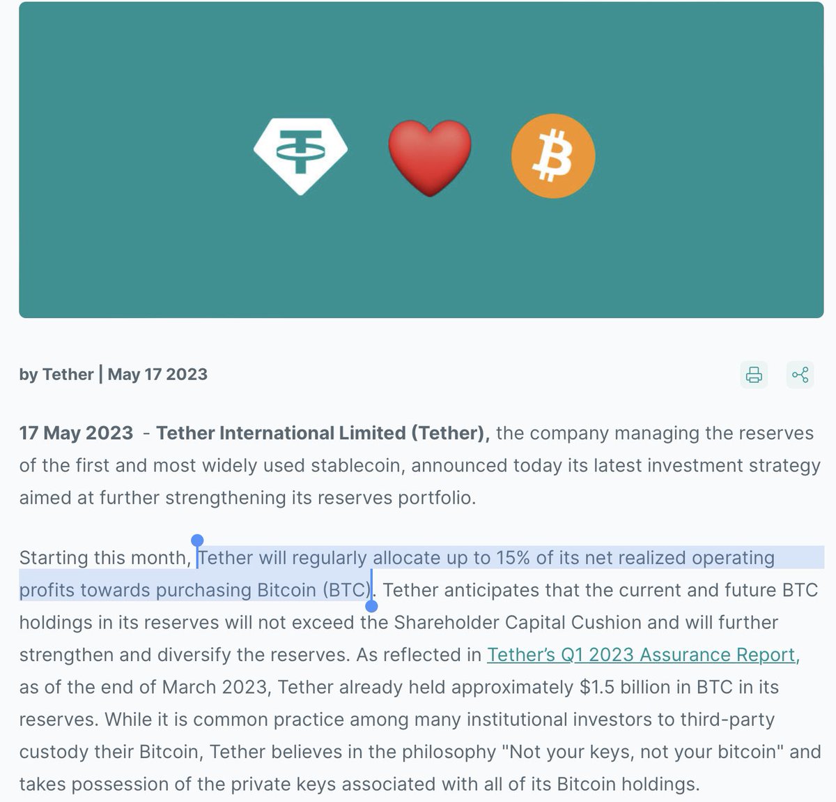 BTC超速報:USDTを発行するテザー社は「運営収益の最大15％でビットコインを定期購入する」と発表。テザーによるビットコイン 購入は今月から開始、同社は既に15億ドル相当のビットコインを準備金として保有している。 #ビットコイン #仮想通貨 #Bitcoin #テザー  #USDT ...