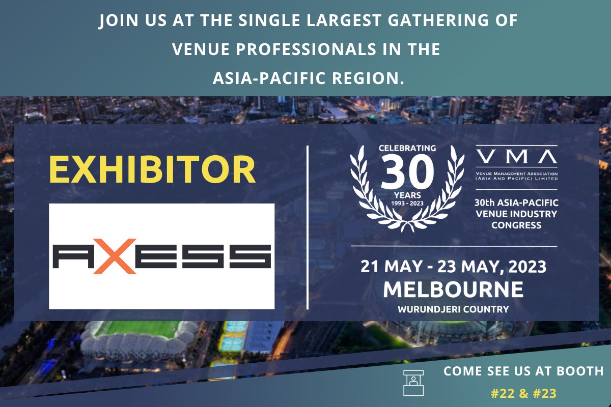 AxessAG's tweet photo. Visit us at the #VMA23 in #Melbourne from the 21st until the 23rd of May🧡. Talk to our Experts at #Booth23 and 23. See you there. #venue #axess #Australia https://t.co/bmz4if0XaA