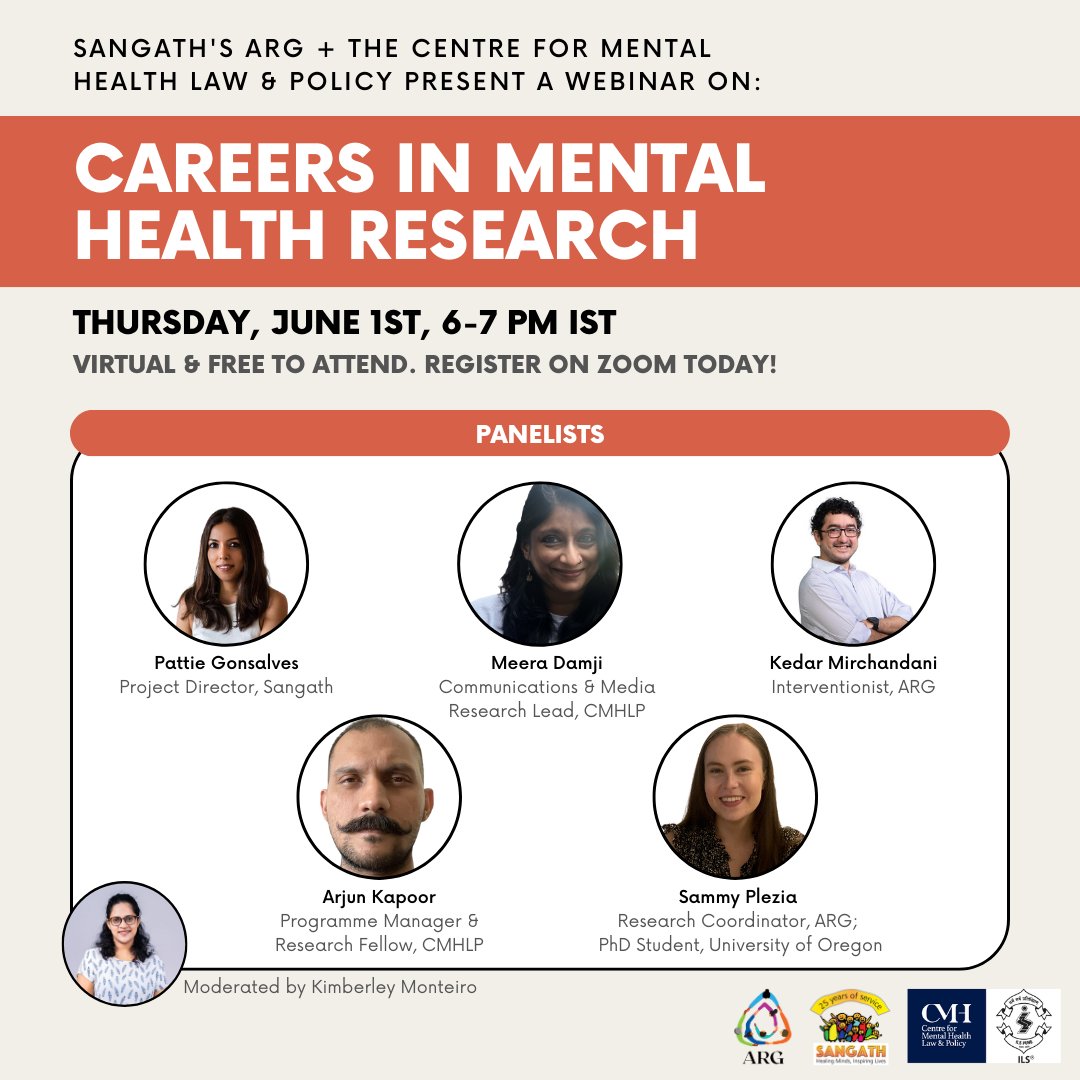 SangathIndia's tweet image. What does a career in the field of mental health look like? Come find out!
@SangathARG &amp;amp; @CMHLPIndia are hosting a webinar on Careers in Mental Health Research on 1st Jun, 6-7 PM IST. Open and FREE for all.

Register now zoom.us/meeting/regist…