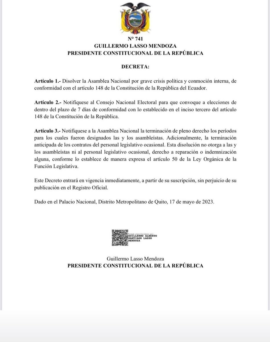 DSMerizalde's tweet photo. @LassoGuillermo no fue capaz de responder al país. Con la #MuerteCruzada acepta tácitamente su responsabilidad sobre las acusaciones e incapacidad de gobernar. Hoy más que nunca los ecuatorianos debemos estar atentos a cada decreto hasta las #EleccionesEcuador. #MuerteCruzadaEc https://t.co/DIKV6RzeVY