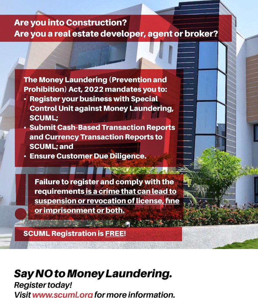 thisismide__'s tweet image. Attention ‼️Beware of Money Launderers using Real Estate and Construction sector as cover up. ‼️#SCUML