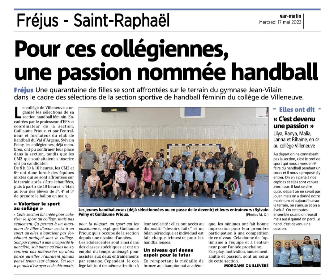 AScollgevillen1's tweet photo. Bel article dans l'édition du @Var_Matin d'aujourd'hui concernant la section sportive féminine handball du collège Villeneuve de @VilleDeFrejus.
Le sport féminin est en plein essor au collège Villeneuve.@hbva,
@dasen_sieye @NatachaChicot https://t.co/TF57u4jQ5P