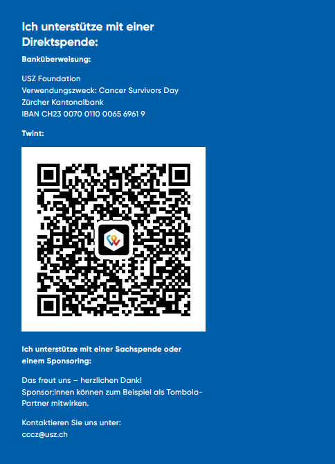 CCCZ_USZ's tweet photo. Cancer Survivors Day 2023 - «Mitten im Leben»
Der Event ist für die Teilnehmenden kostenlos und bietet ein tolles Programm, auch die feine Verpflegung @UZH_ch ist gratis.
Man kann diesen tollen Event mit einer Spende per Twint unterstützen #USZFoundation 🙏🫂
@Unispital_USZ https://t.co/W7FkwppLce