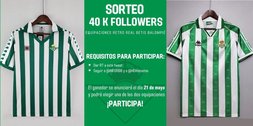 InfoRBB's tweet photo. 🚨 ¿Quieres una de estas camisetas retro del Real Betis? Para poder optar a ella:

🔁 Da RT a este tweet 
🤝 Sigue a @InfoRBB y @HDKmisetas 

🙌 El ganador, que elegirá la camiseta que prefiera, se anunciará en la previa del Derbi del próximo domingo.

💚 ¡PARTICIPA!

#40KInfoRBB https://t.co/6cTSkGnGsH