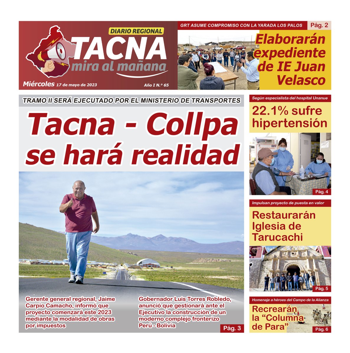 RegionTacna's tweet photo. ¡Extra, exra! 📰
#Tacna - #Collpa se hará realidad.
👏👏👏👏👏👏
📰 #Tacna, miércoles 17 de mayo de 2023.
https://t.co/btBKTaH6ll
Versión digital ☝️
✅ GoreTacna elaborará expediente de colegio Velasco Alvarado.
✅ Impulsan puesta en valor de iglesia de #Tarucachi. https://t.co/G7NmajqNzh