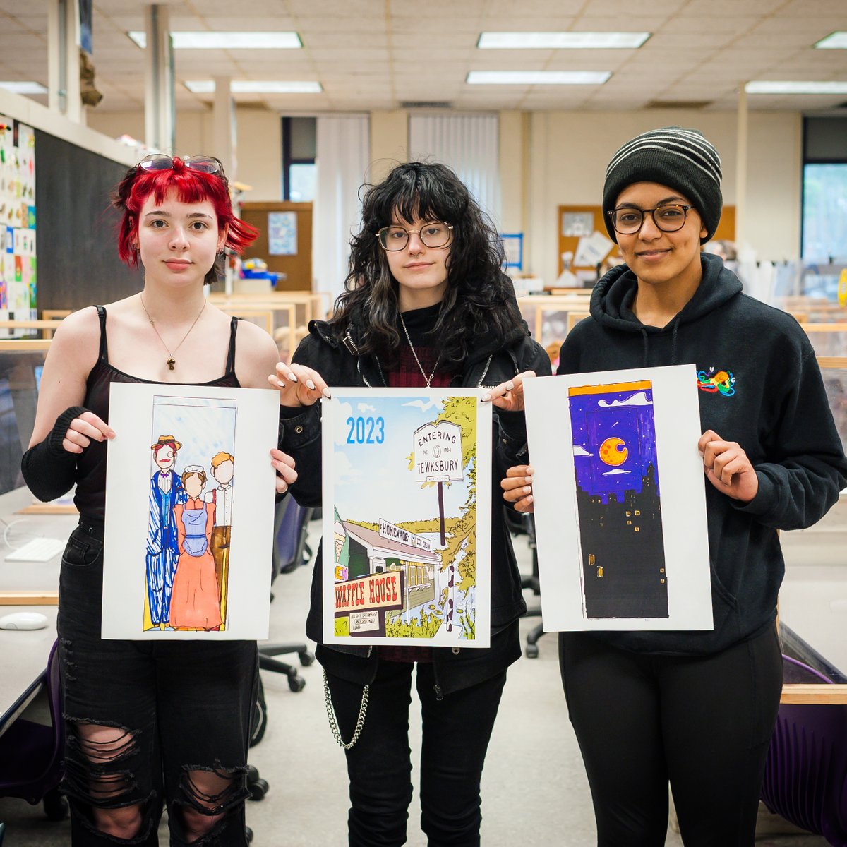shawtech_hs's tweet image. DVC seniors (L-R) Jayda, Trinity, &amp;amp; Jesony had their artwork selected to be painted on a #TewksburyMA #switchbox representing Tewksbury's past, present, and future. Painting will commence in a few weeks! #ShawTechSenior #ShawTechSuccess