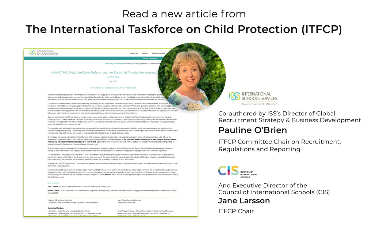 Excited to see #ISSedu leader @ISSPauline's work on the recent International Taskforce on #ChildProtection article, along with co-author @CISJaneLarsson @CISEducation, and support of all #ITFCP committee members. Click to read: iss.education/430yera #IntlEd