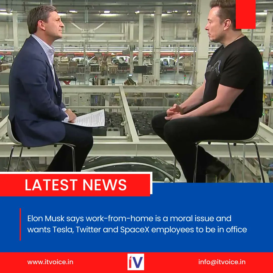 itvoice's tweet image. Elon Musk expressed his strong opposition to remote work, describing it as &quot;morally wrong&quot; and dismissing it as &quot;bulls***&quot; during an interview with CNBC. 

#RemoteWorkDebate #WorkFromHome #Productivity #TechIndustry #InPersonWork #TeslaInc #ElonMusk #WorkplacePolicy #WFH